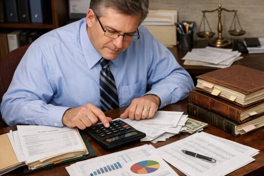 A person sitting at a desk using a calculator for calculations, possibly for work or personal use