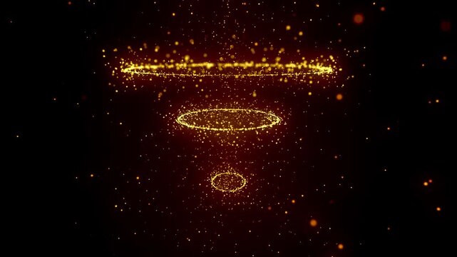 Abstract fiery glowing particle rings rotate in seamless loop on dark background. Particle animation creates futuristic energy visualization