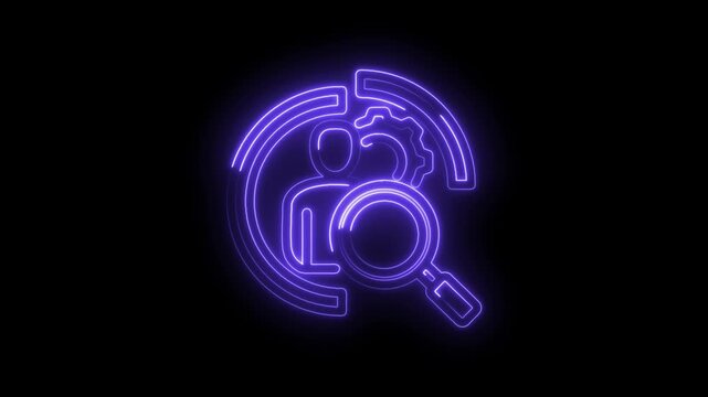 Neon glowing magnifying glass over human silhouette and gear icon representing search analysis