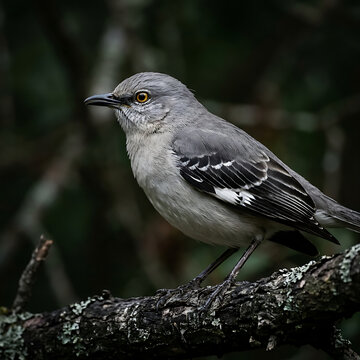 Northern mockingbird perched on a mossy tree branch