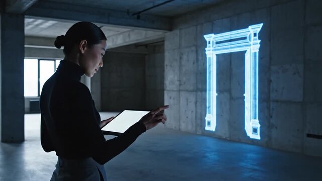 An architect uses a tablet to control a glowing 3D hologram of a door on a concrete wall in an empty industrial building, testing digital design in a real-world space.