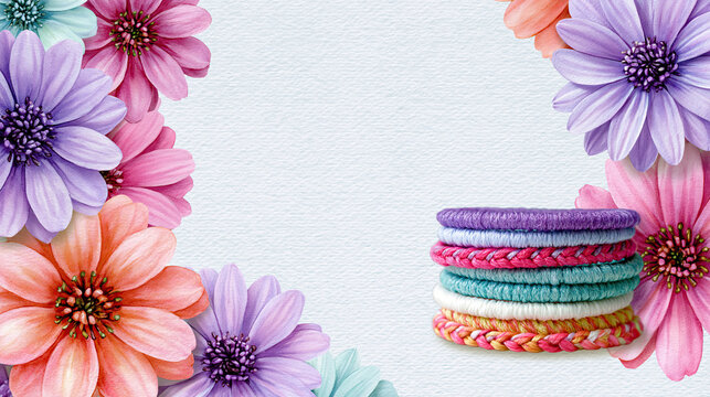 Colorful woven bracelets stacked beside vibrant floral border
