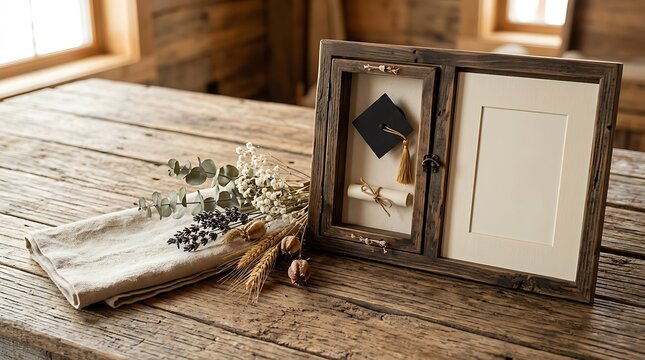 A rustic wooden 2026 graduation frame with a miniature mortarboard cap and scroll sits next to dried flowers and a linen cloth on a weathered table.