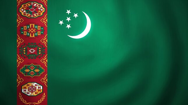 Turkmenistan national flag with green field, carpet motifs, crescent moon, and stars, symbolizing heritage, culture, and national identity.