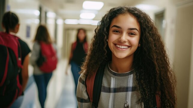 Girl seeing classmate in hall saying hi, turning back to greet someone, smiling joyfully, holding backpack and notebooks, heading back to class, studying in college, standing white background.