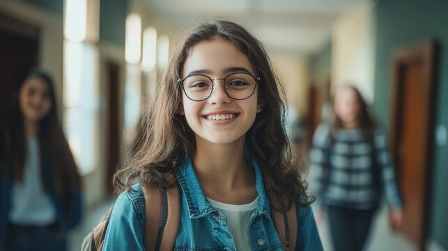 Back to school. Schoolgirl student hold book on school hall background. School and education concept. Teenager girl in casual clothes.