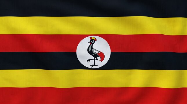 Uganda national flag with black, yellow, and red stripes, crowned crane emblem, symbolizing unity, heritage, and national identity.