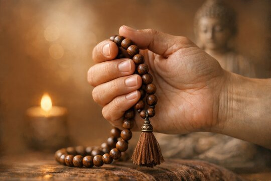 A person holds a rosary while standing near a candle, symbolizing prayer and devotion