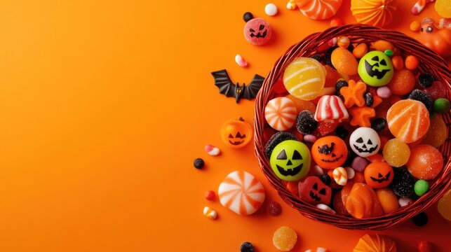 Halloween Jack o Lantern pail overflowing with colorful chocolate