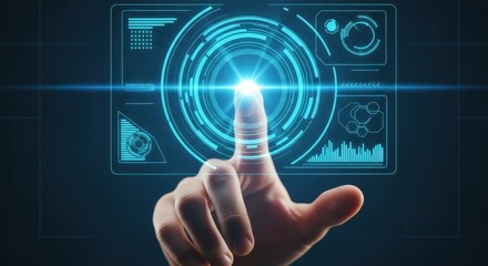 Fototapeta premium Futuristic Digital Interface with Hand Touching Glowing Virtual HUD Screen for Technology and Innovation Concept