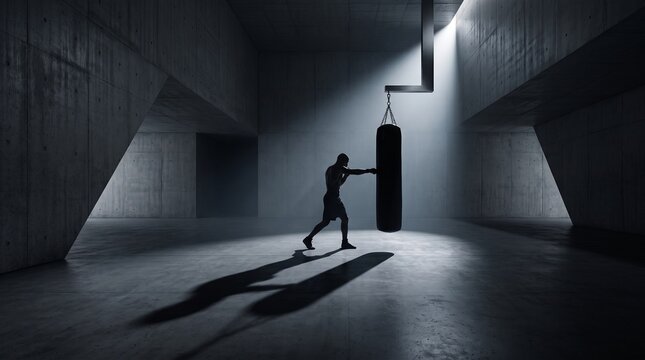 Boxer Training with Heavy Punching Bag in Industrial Gym