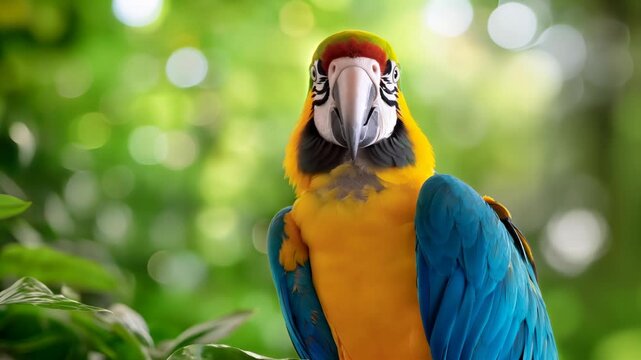 Blue and yellow macaw parrot perched in lush green rainforest with soft natural light