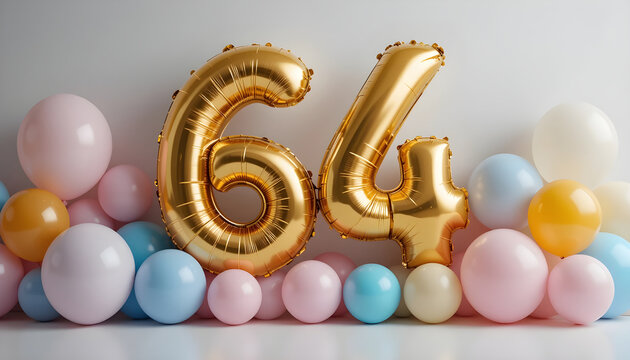 Bright golden foil numbers sixty four centered with pastel balloon frame on white studio background.