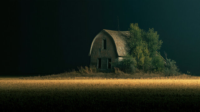 Weathered barn with curved roof in illuminated grass field