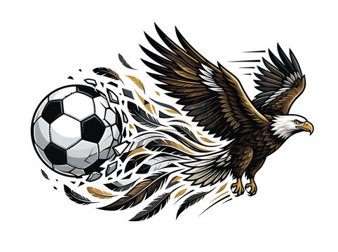 Bald eagle flying towards soccer ball with exploding feathers and dynamic motion football feathers explosion wildlife competition illustration predator strength abstract aggressive movement