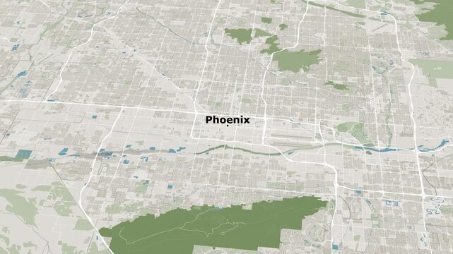 Zoom out on the map of Phoenix City in Arizona, with text. Cinematic 3d city map animation, aerial views, documentary, tourism, and travel. 4k