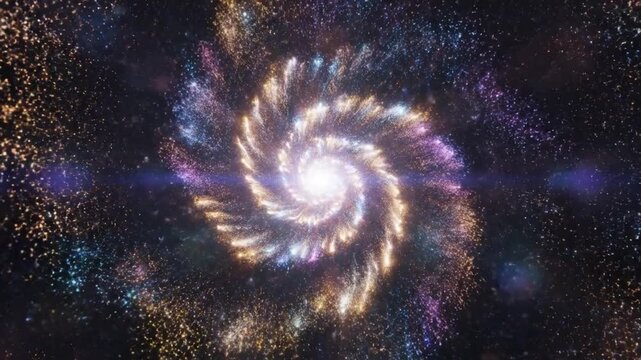Vibrant golden and blue particles swirling in a magical spiral vortex against a dark background