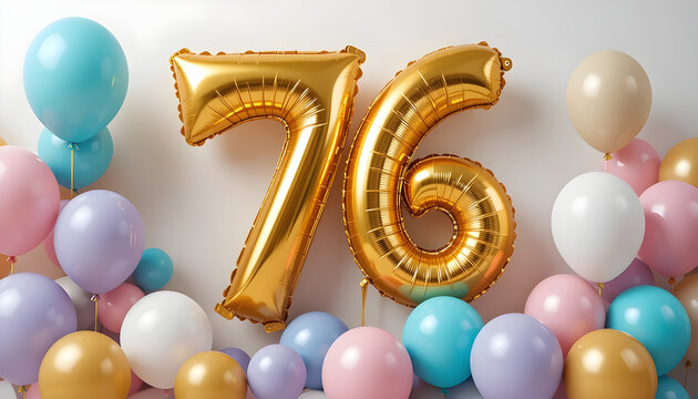 Gold number 76 balloons celebrating birthday anniversary event decoration pastel background.