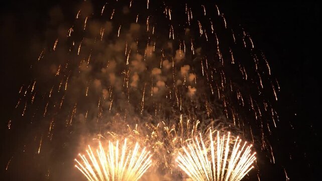 Vibrant golden fireworks burst and shimmer against a black night sky during a holiday event