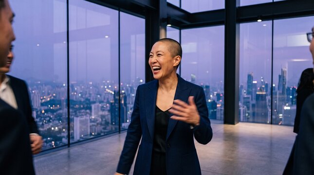 Businesswoman Laughing During Meeting in High-Rise Office