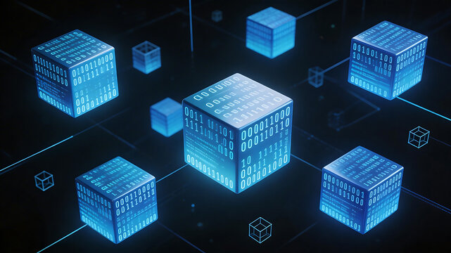 Digital cubes with binary code on dark background