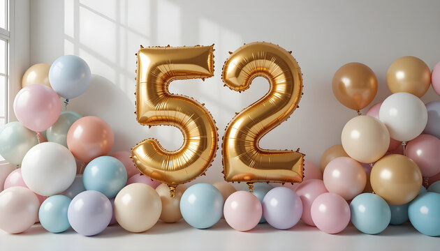 Golden number 52 balloons celebrating special event with pastel color balloons festive decoration.