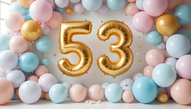 Golden number 53 balloons celebrating special event with pastel color balloons festive decoration.