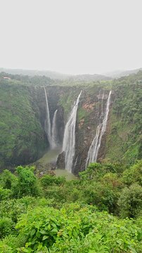 Wide view of Jog Falls showcasing cascading water and scenic natural landscape