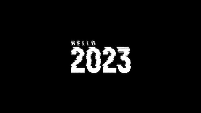 hello 2023 year text glitch digital loop countdown animation effect on black green white background. new year hello 2023 glitch
