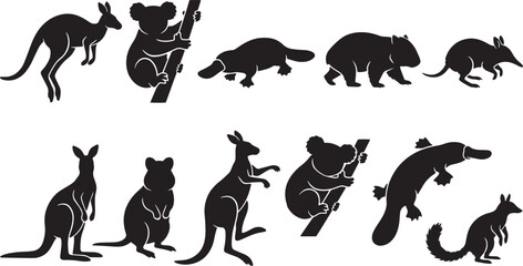 Obraz premium Kangaroo, marsupial, animal icons, black silhouettes, wildlife symbols, vector graphics isolated on Transparent Background