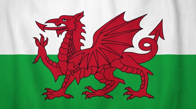 Wales national flag with red dragon on white and green field, symbolizing heritage, mythology, and cultural pride of the Welsh nation.