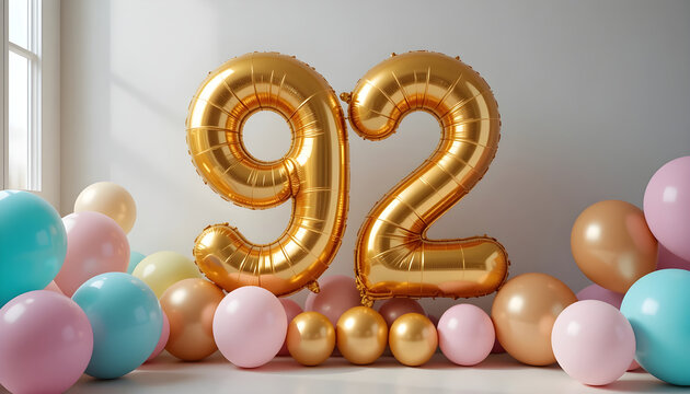 Golden ninety two balloon numbers on bright wall background surrounded by colorful festive balloons.