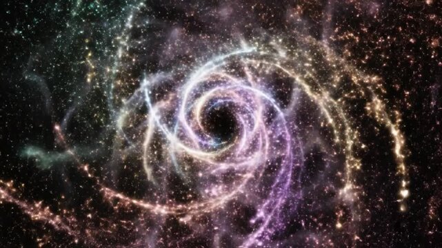Vibrant light energy particles swirling in a magical spiral trail against a dark background