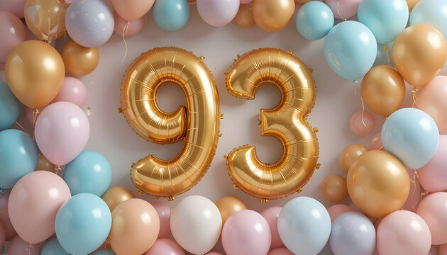 Golden ninety three balloon numbers on light grey wall background surrounded by colorful festive decor.