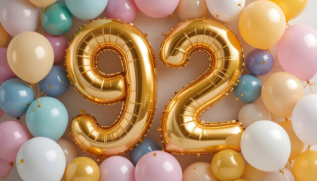 Golden ninety two balloon numbers on light grey wall background surrounded by colorful festive decor.