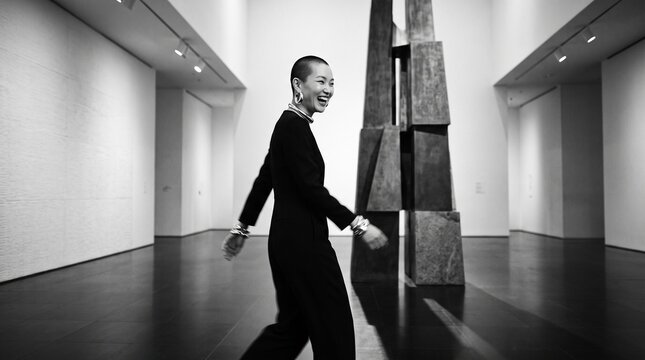 Confident Woman Walking Through Modern Gallery Space