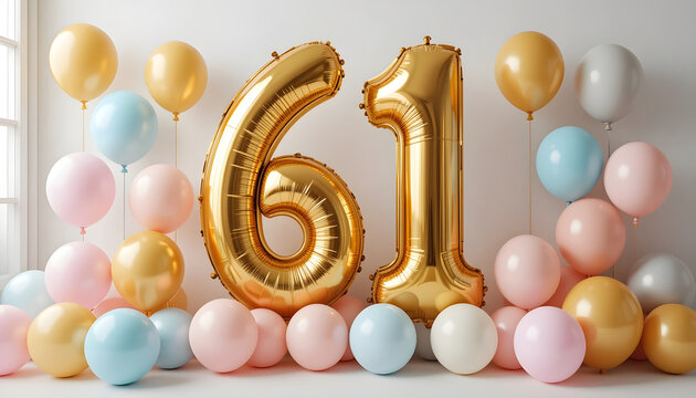 Large gold foil number sixty one balloon with colorful pastel party decorations for birthday events.