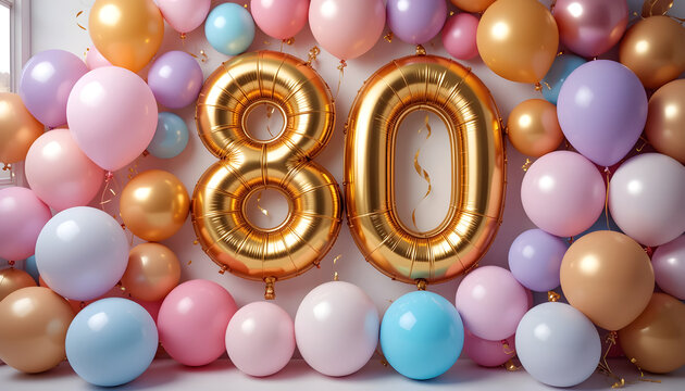 Large gold number eighty foil balloons for 80th birthday party celebration with colorful backdrop.