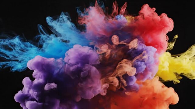Vibrant multi colored ink clouds swirling and billowing together against a deep black backdrop