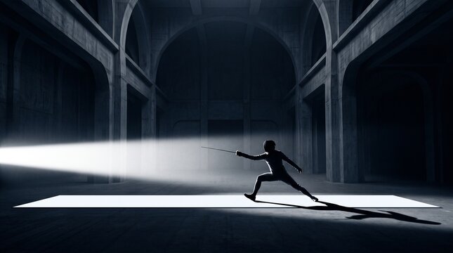 Fencer in Lunge Position Under Dramatic Architecture