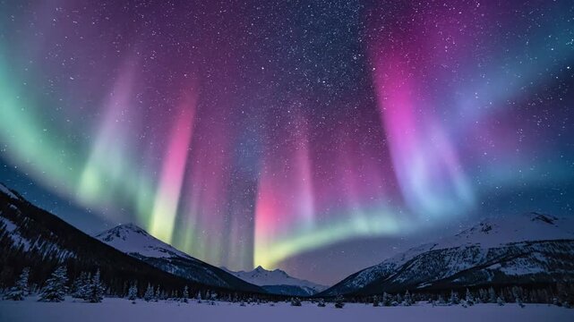 Vibrant northern lights shimmering in pink and purple over a winter mountain landscape at night
