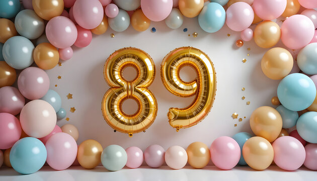 Shiny gold number eighty-nine foil balloons surrounded by colorful pastel balloons on white background.