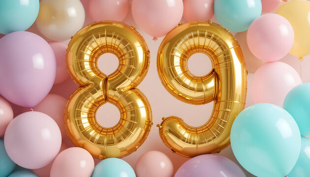 Shiny gold number eighty-nine foil balloons surrounded by vibrant pastel balloons.