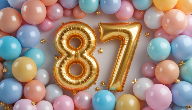 Shiny gold number eighty-seven foil balloons surrounded by colorful pastel balloons on white background.