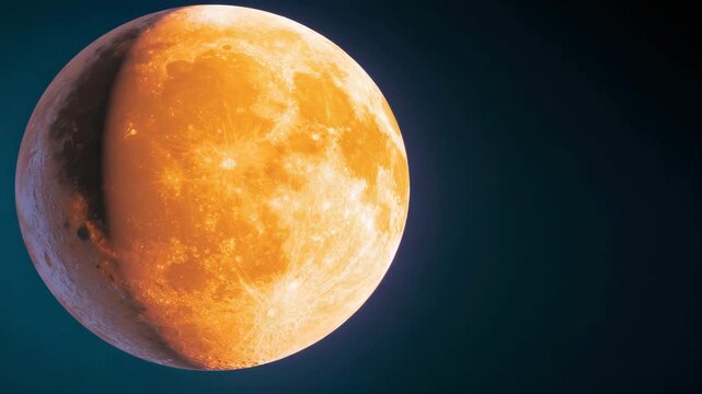 Time lapse static shot of moon entering lunar eclipse with shadow crossing lunar surface against dark sky