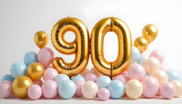 Shiny gold number ninety foil balloons surrounded by colorful pastel balloons on white surface.