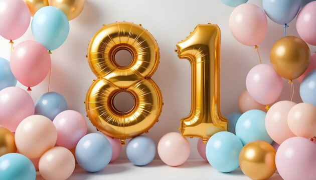 Shiny golden number eighty one balloons for 81st birthday party celebration with colorful bubbles.
