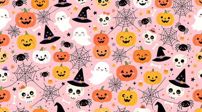 Halloween pattern with pumpkins ghosts spiders and witch hats on pink background for seasonal decorations and designs