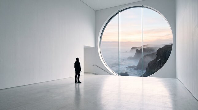 Person Contemplating Coastal Seascape Through Large Circular Window