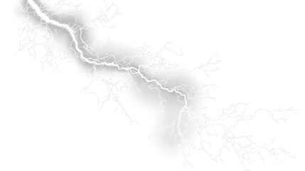 White bright lightning bolt with isolated on transparent background shows a striking natural event during a stormy night in nature's raw power, light overlay, PNG © Liubov